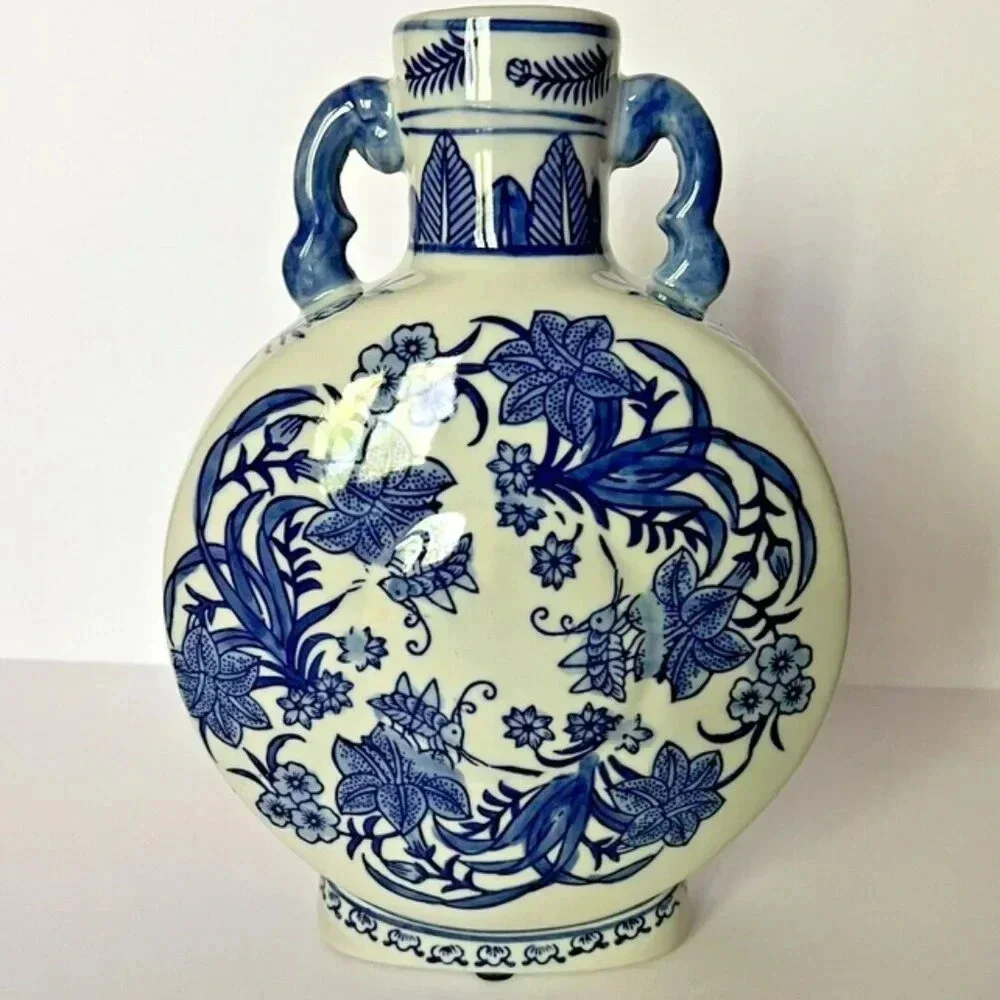 NEW Blue & White Floral Round Ceramic Bud Vase Jar with Handles 11